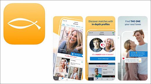 Logo aplikacji randkowej Christian Mingle i zrzuty ekranu ze smartfonów
