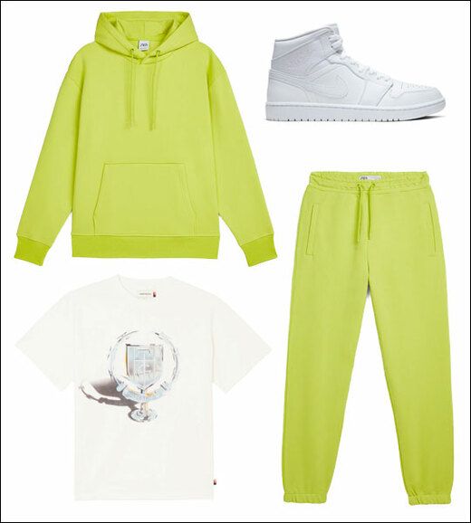 Sudadera y pantalón de chándal verde lima, camiseta blanca, zapatos blancos