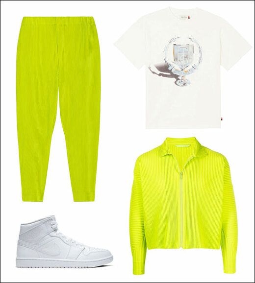 Sudadera y pantalón de chándal verde lima, camiseta blanca, zapatos blancos